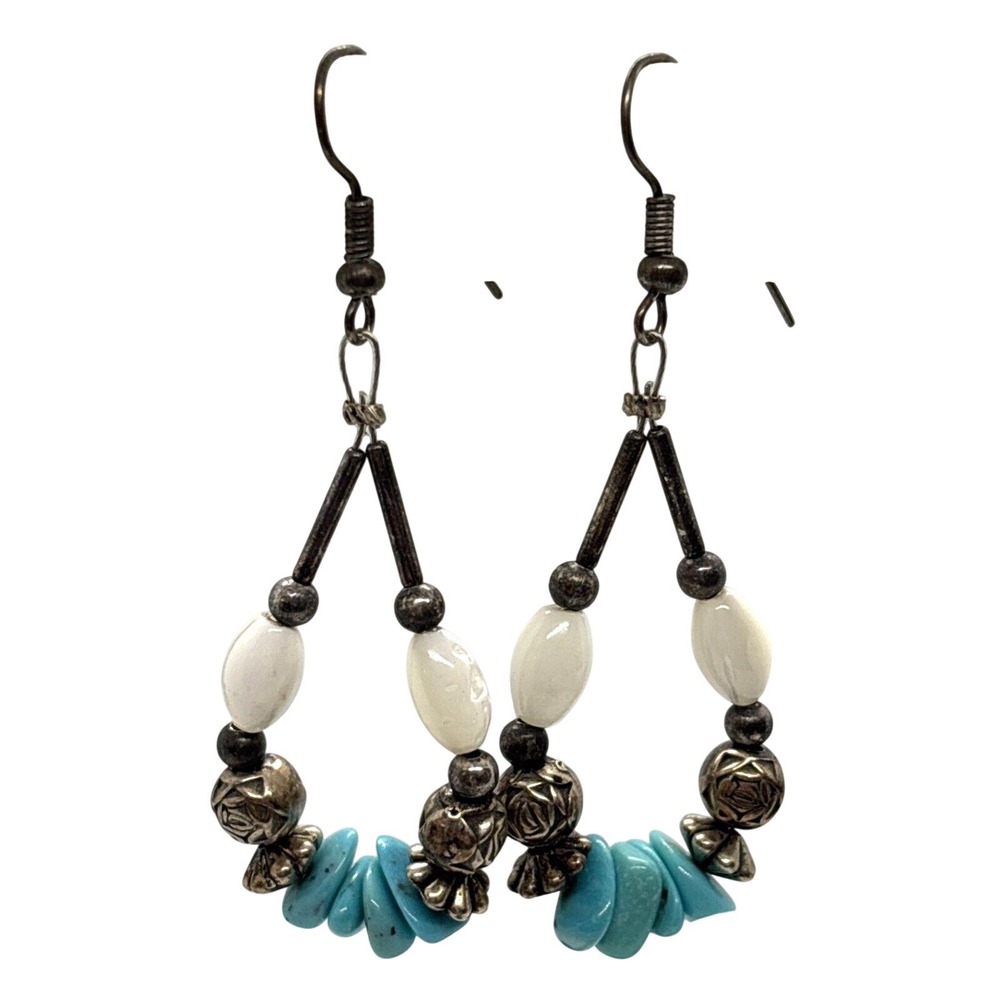 Vintage SW Style Beaded Drop Earrings Dangle Silver Tone Turquoise Shell Retro